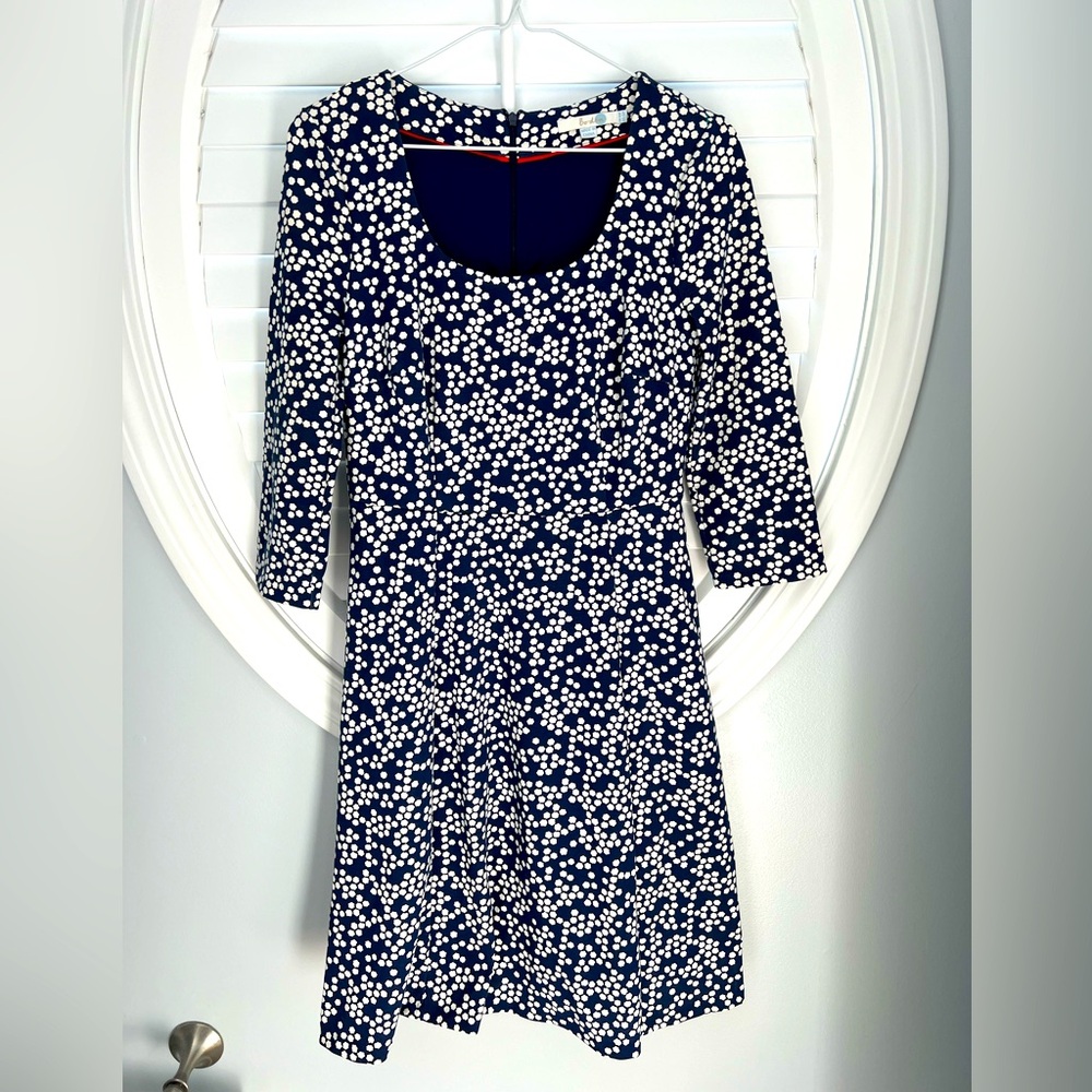 Womens Boden polka Dot Scoop Neck 3/4 Sleeve Midi Dress 6petite Pockets Career‎